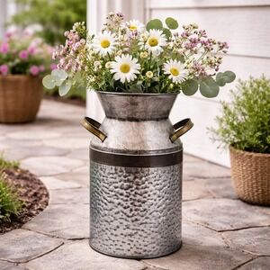 Galvanized Metal Milk Can Planter 11.5" Dimpled Boho Farmhouse Vase Decor